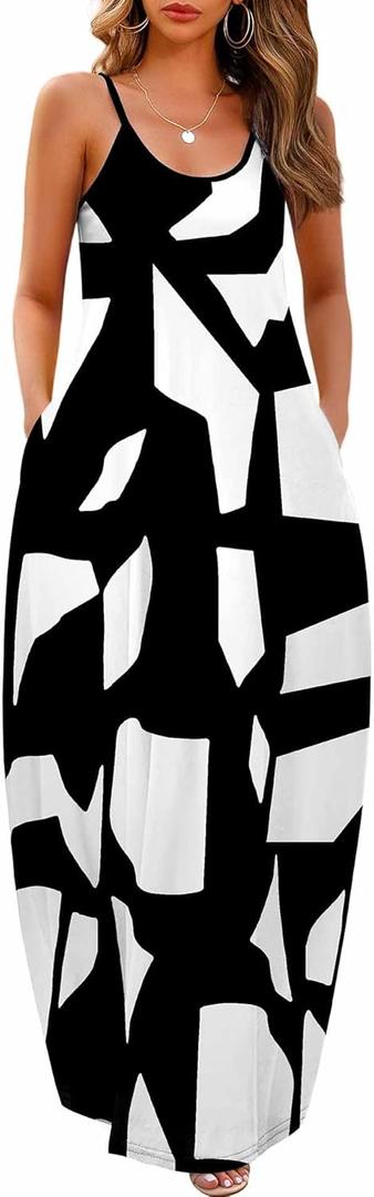 Wolddress Womens Maxi Dress with Pockets 2026 Casual Strap Plus Size Loose Plain Long Office Summer Beach Travel Dresses S-5X (Medium, Z-white Block)