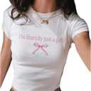 Women's Graphic Bow Short Sleeve Crewneck Crop Tops Slim Fit Y2K Cute T Shirts (White and Pink) XS