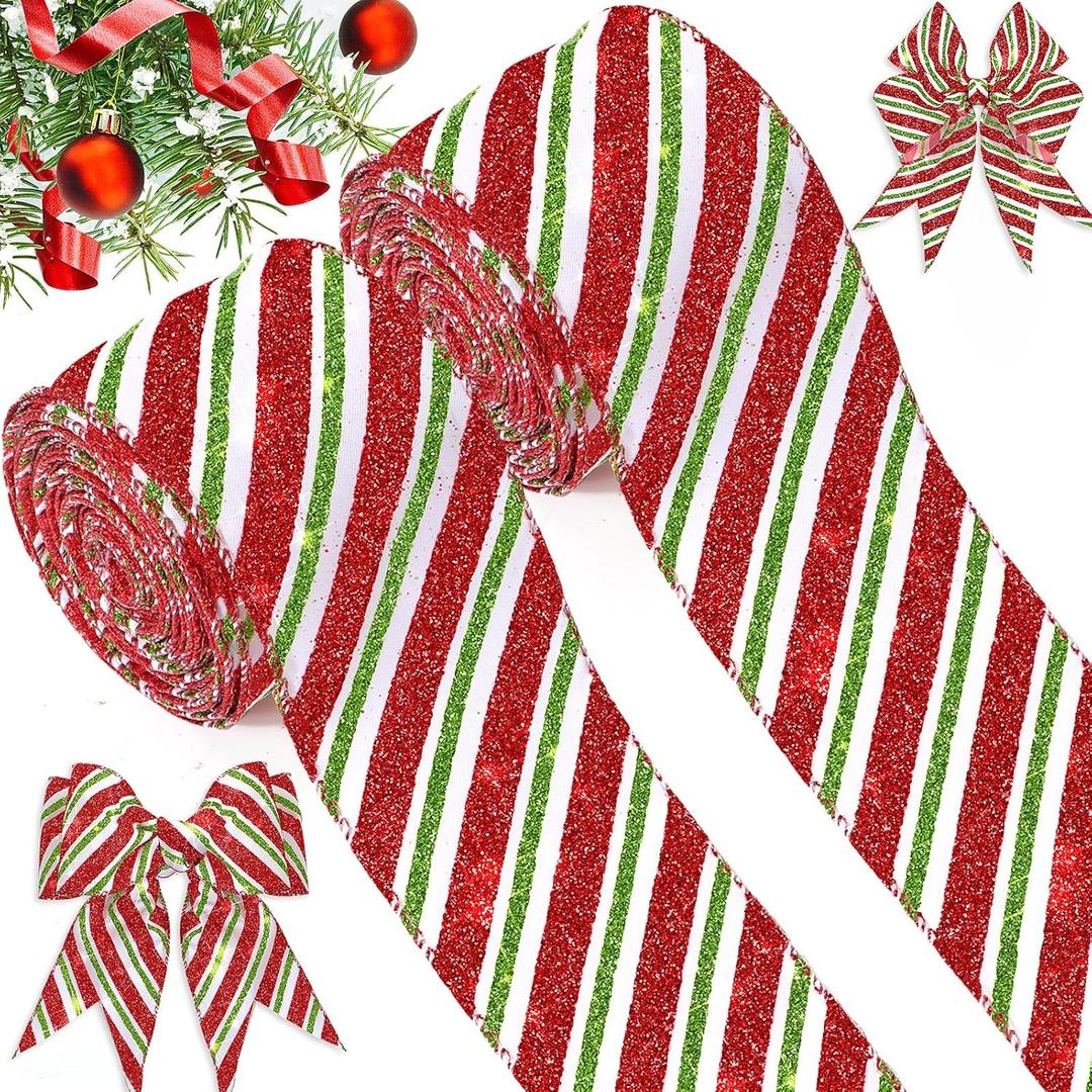2 Rolls 20 Yards Christmas Wired Edge Candy Cane Glitter Ribbons - 2.5 Inch, Gift Wrapping, DIY Craft for Christmas Tree & Birthday Party Decorations (White, Red, Green)