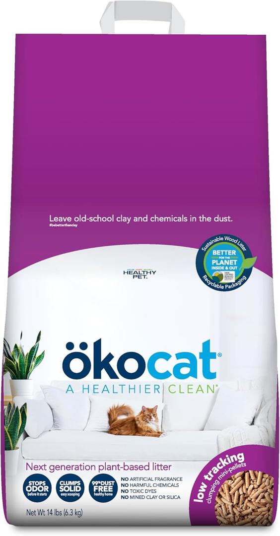 kocat Less Mess Low Tracking Wood Clumping Cat Litter Mini- Pellets, Unscented, 14 pounds - Natural Ingredients, Stops Odor, Clumps Solid, 99% Dust Free, Great for Long-Hair Breeds
