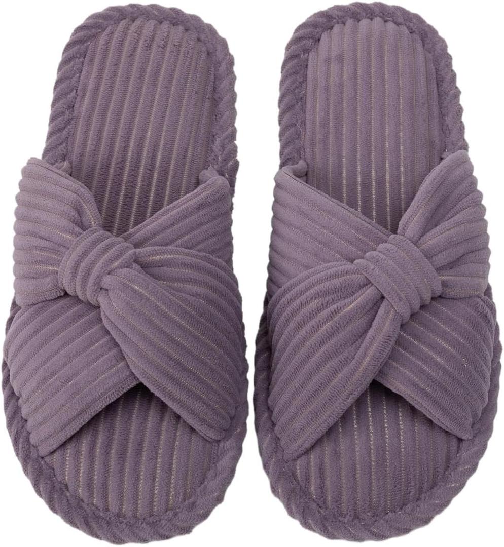 Enteer Women's Corduroy Bow Memory Foam Slippers, Open Toe Cross Band Non-Slip Indoor Outdoor House Slippers