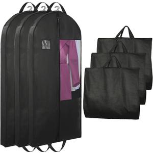 Garment Bags for Hanging Clothes and Travel with 4" Gusseted, Suit Cover for Clothes,Coats,Suit,Jackets,Dress,Shirts,Skirt. (Black-50"-3pcs-Double zipper-Thickened 80G Non-woven Fabric)