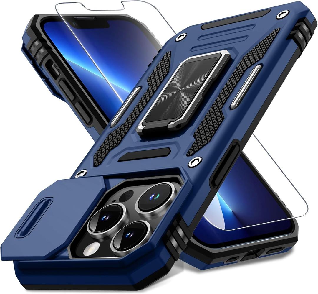 DEERLAMN Case for iPhone 13 Pro with Slide Camera Cover+Screen Protector(1 Pack),Rotated Ring Kickstand Military Grade Shockproof Protective Cover-Navy Blue
