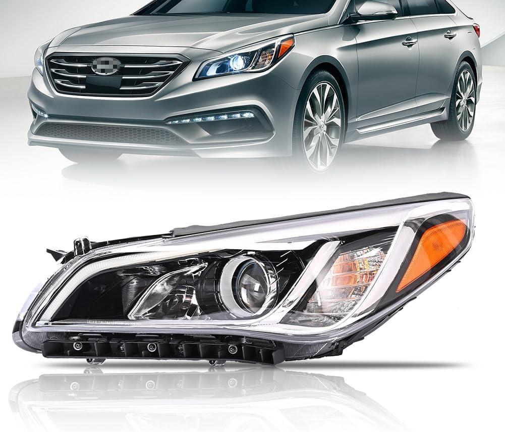 Left Headlight Assembly Compatible with 2015 2016 2017 Hyundai Sonata, Driver Side Halogen Headlamp with Bulbs Clear Lens Black Housing Amber Reflector, 1 PC, 92102-C2000 92102C2000 HY2503183