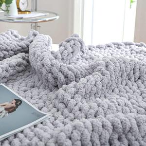 Bigacogo Chunky Knit Throw Blanket for Couch, 40x80 inches, 100% Hand Knitted with Thick Jumbo Chenille Yarn, Cozy Soft Large Rope Knot Cable Crochet Blankets for Sofa Bed Living Room, Light Grey (40"x80" (Special Size Throw), Light Grey W/ a Little Bit Purple)