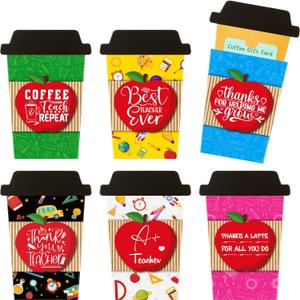 Motiskyy 24 Sets Back to School Teacher Appreciation Coffee Gift Card Holders Thank You Cards for Teachers Coffee Cup for School Tutor Colleague Holiday Graduation Supplies, 6 Designs