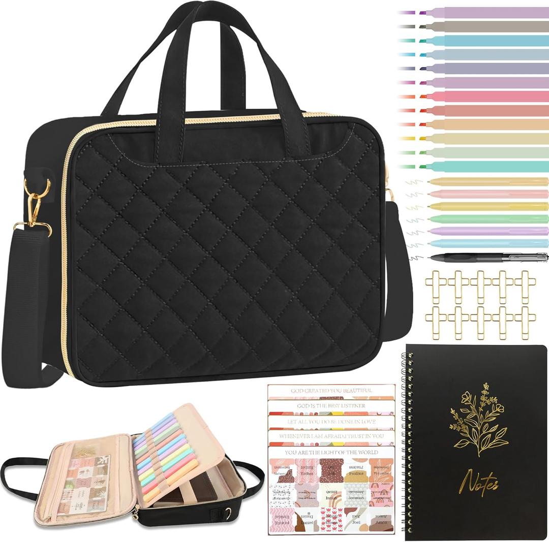 PUGPIU Bible Cover Case for Women, Large Quilted Bible Bag with Shoulder Strap and Handle, Bible Study Supplies Journaling Kit with Highlighters Pens No Bleed Tabs Notebook Cross Clips (Black)