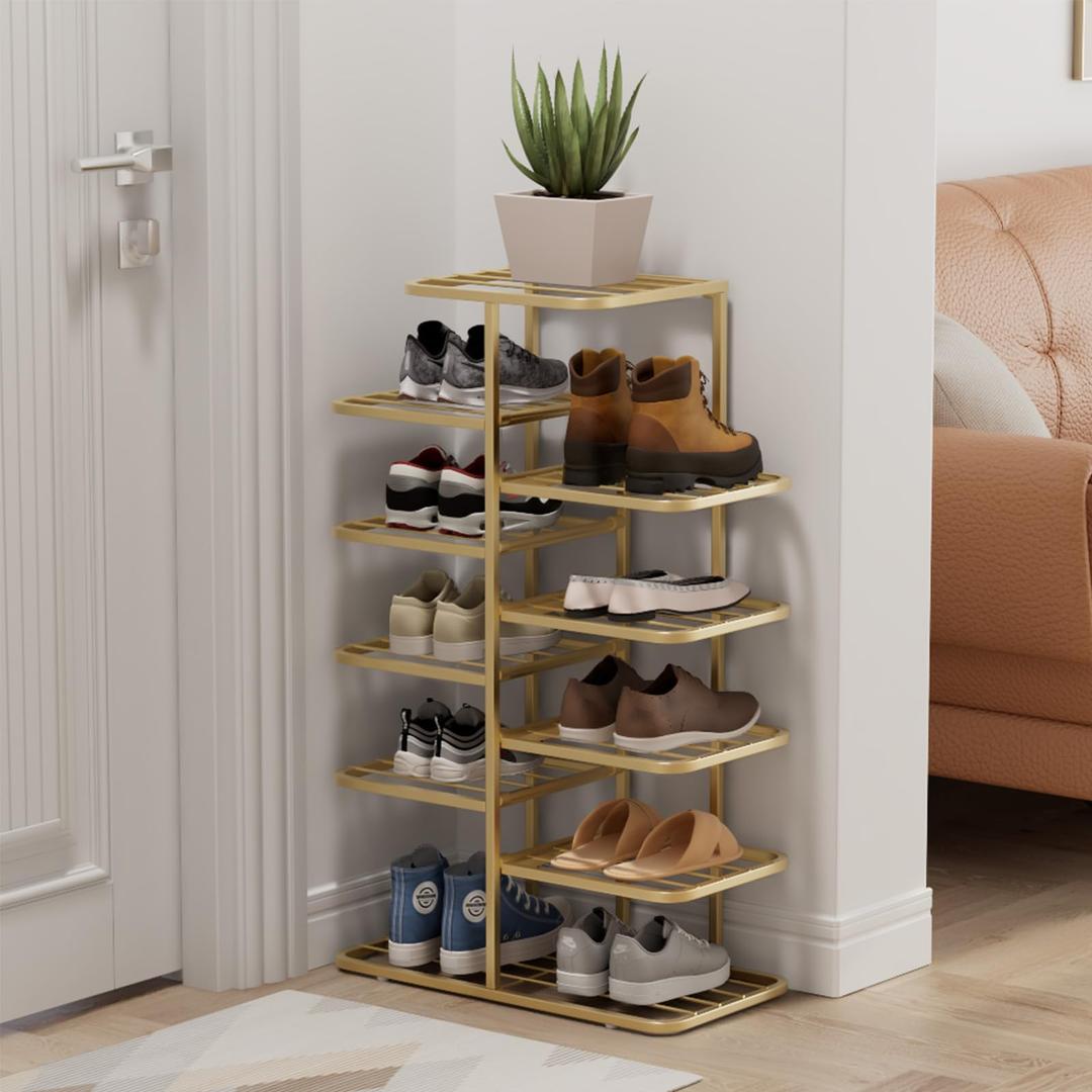 5 Tier Vertical Shoe Rack Metal Gold Shoe Shelf Narrow Tall Shoe Tower