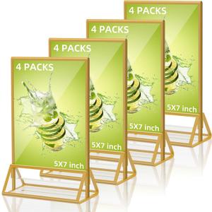 Acrylic Sign Holder 5X7 Gold Picture Frame,Double Sided Clear Display Stand , Table Acrylic Stand for Home Office Shop Restaurant (4pcs)