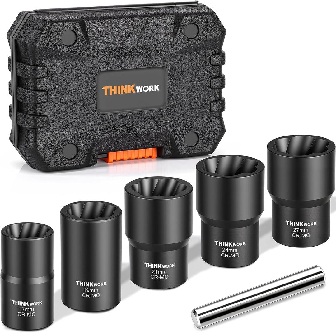 THINKWORK 1/2 Inch Drive Lug Nut Removal Tool, 6 Pieces Wheel Lock Removal Kit, Lug Nut Remover for Stripped, Rounded, Damaged, Frozen, Rusted Bolts