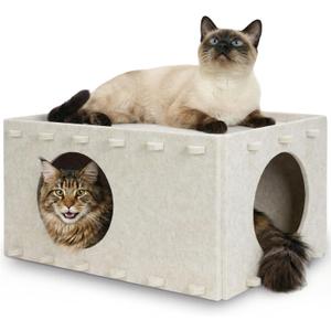 Cat House for Indoor Cats, Scratch Resistance Cat Cave Bed, Felt Peekaboo Cat Hideaway for Large & Multiple Cats Up to 22Lbs, Cream