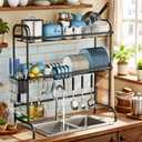 MOUKABAL Dish Drying Rack - Stainless Steel Over The Sink Dish Drying Rack (Expandable Length), 2 Tier Large Dish Rack with Utensil Holder, 32.3" - 33.9"(L) x 11.4"(W) x 32.3"(H) Black