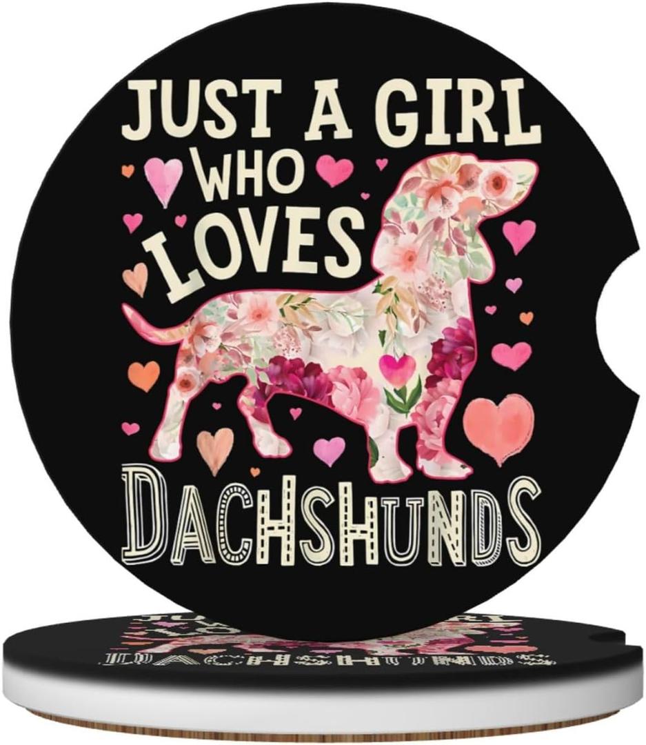 Just A Girl Who Loves Dachshunds Dog Flower Floral Car Coasters for Cup Holders 2 Pack Universal Anti Slip Car Cup Holder Coasters 2.56 Inch Absorbent Ceramic Drink Mat Auto Interior Accessory