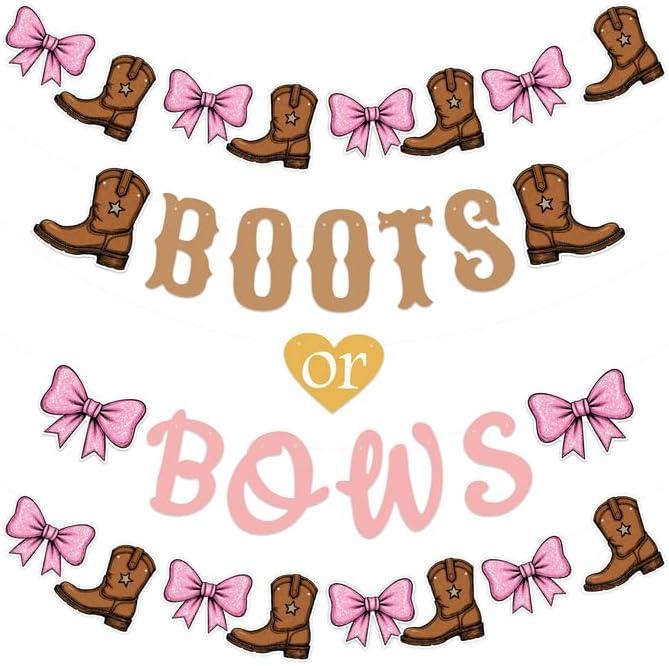Boots or Bows Gender Reveal Decorations, Boots and Bows Gender Reveal Party Supplies for Brown Pink Western Cowboy or Cowgirl Pink and Brown Banner Garland for Baby Shower Boy or Girl