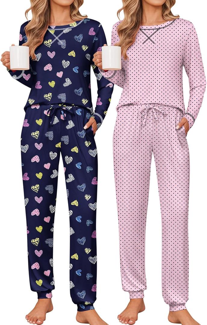 Ekouaer 2 Pack Pajama Sets for Womens Jogger Pants Pjs Long Sleeves Lounge Set Soft Sleepwear with Pockets (Medium, Blue Hearts/Pink Dots)