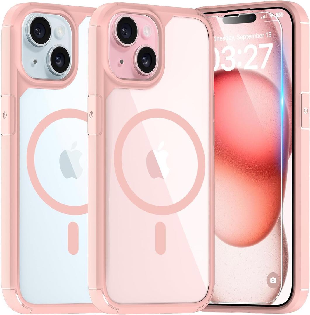 TAURI for iPhone 15 Case, Compatible with MagSafe [Anti-Yellowing] with Screen Protectors, Military-Grade Protection, Shockproof Slim Magnetic Phone Case for iPhone 15 6.1", Pink