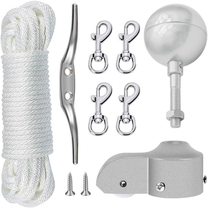 NQ Flagpole Hardware Repair Parts Kit,50 Feet Halyard Rope+3" Silver Ball+6" Zinc Alloy Cleat+4 Metal Swivel Snap Clips+Aluminum Alloy Flagpole Truck with Nylon Pulley for 1.6"-2" Flag Poles