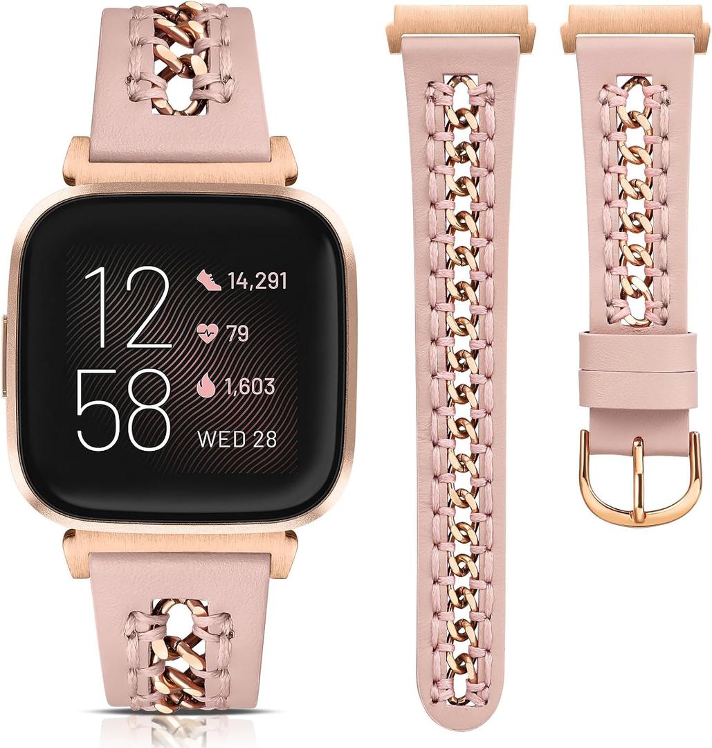 Minyee Leather Band Compatible with Fitbit Versa 2/Fitbit Versa/Versa Lite Bands Women, Dressy Premium Leather Designer Strap with Stainless Steel Metal Chain for Versa 2 Smartwatch Accessories (Pink/Rose Gold)