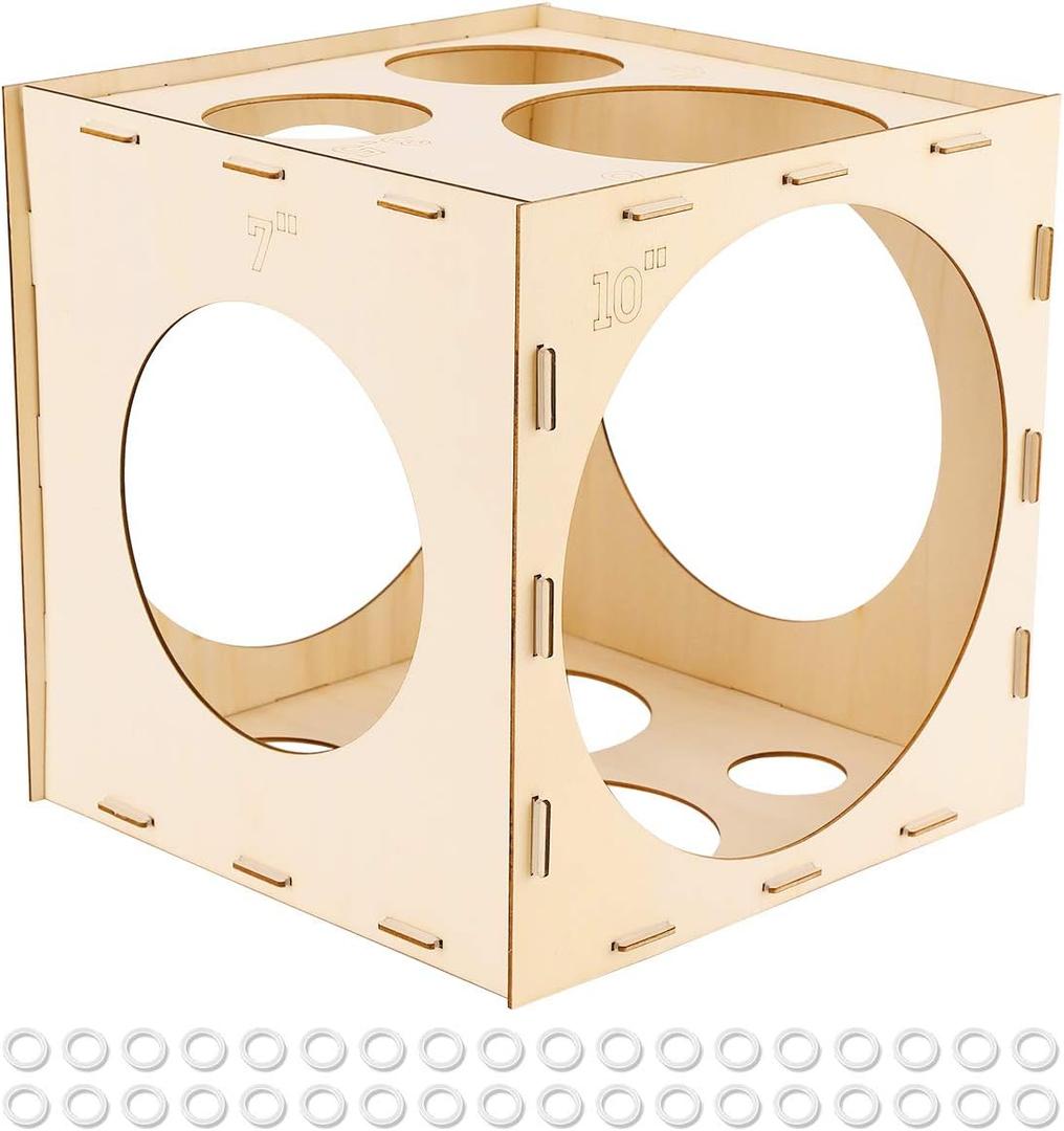 Worown 11 Holes Collapsible Wood Balloon Sizer Box Cube, Balloons Size Measurement Tool Wooden for Party Decorations (2-10 Inch) (Natural)