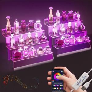 12 Acrylic Display Organizer with LED Light - 3 Tier Perfume Stand and Display Step Shelves Holder, Cologne Organizer for Men, Figures Stand, Porta Perfumes Para Tocador, Clear Riser, 2 Pack Stands