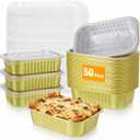 1LB Foil Pans with Lids 50 Pack Heavy Duty Disposable Small Gold Aluminum Pans Foil Cake Baking Tins Loaf Food Storage Containers for Leftover, Meal Prep, Freezer, Heating and Takeout Microwave Safe