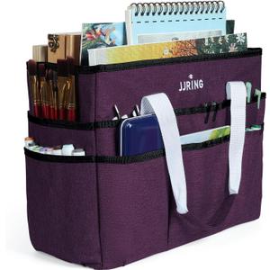 JJRING Craft Organizer Tote Bag, Large Art Storage Caddy with Multiple Pockets, Deep Purple Sewing Bag for Art, Craft, Scrapbooking, Medical, and Office Supplies Storage