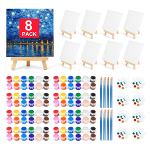 4 Pack 8 * 10In Canvas Boards for Painting, Art Canvas for Drawing with 16 Brushes & 8 Paint Trays & 16 Acrylic Paint, Mini Painting Canvas with Easel Set, Painting Kits for Adults Party