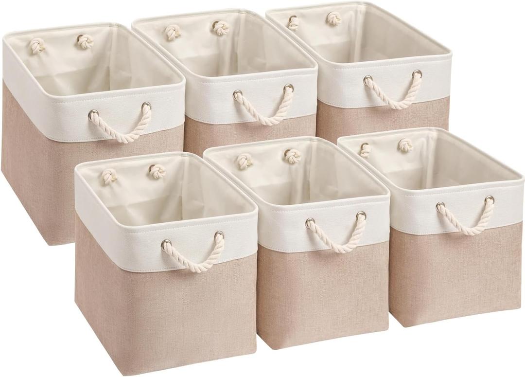 Mangata Canvas Storage Boxes, 9.8 Inch Cube Storage Bins Set of 6 for 10 Inch Cabinets, Fabric Baskets with Cotton Rope Handle for Organizing Clothes Nursery Home (Khaki/White)