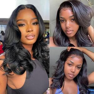 UVVUVV 4x4 Body Wave Lace Front Wigs Human Hair 180% Density 16 Inch Lace Frontal Wigs Human Hair Pre Plucked HD Transparent Short Body Wave Wigs for Women Natural Black Color16inch