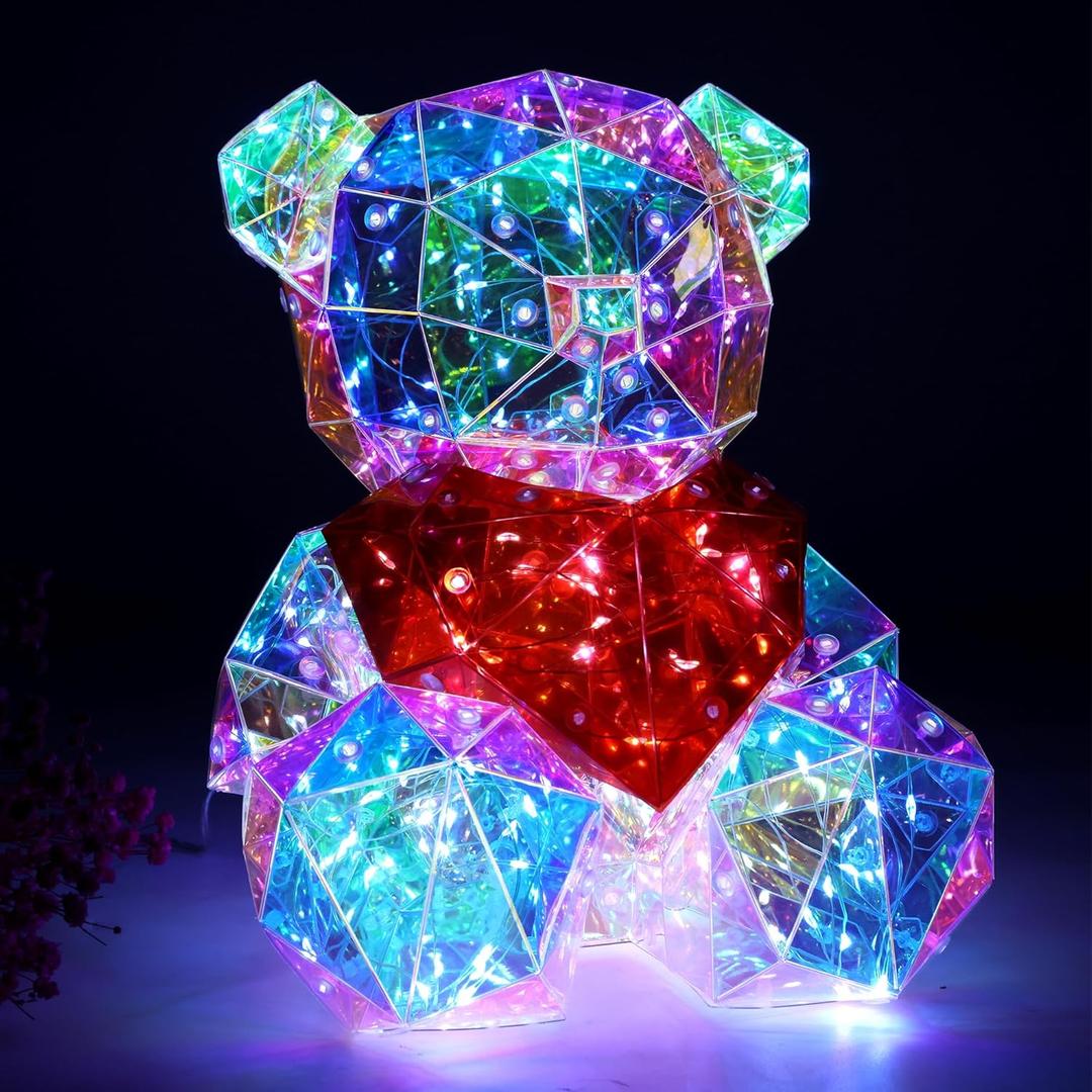 Prismatic Iridescent Love Bear - Desktop Teddy With LED Lights, Colorful Glow Christmas Indoor Decorations Night Light for Girls Women