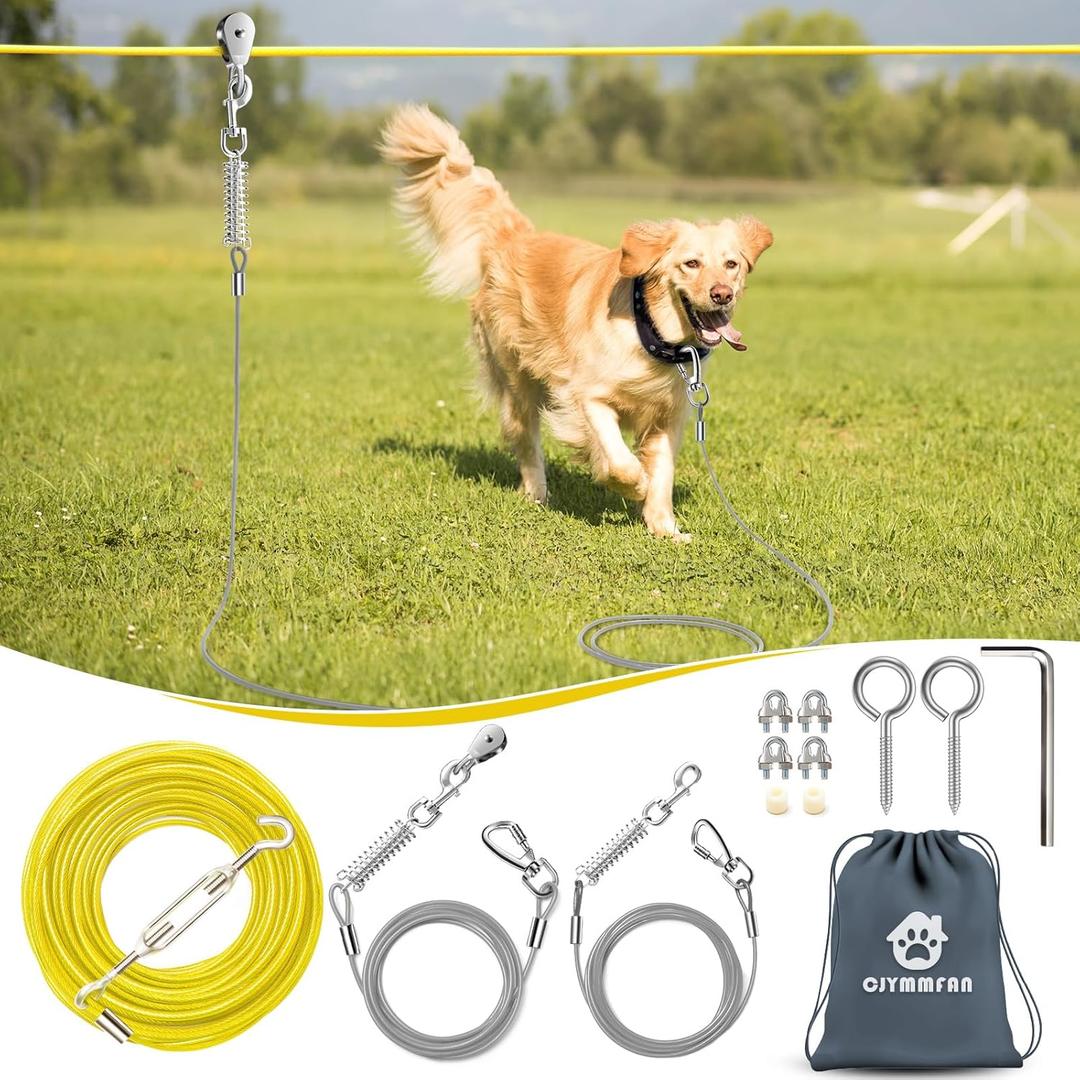 Professional Dog Runner Trolley SystemHeavy Duty & Adjustable 30ft Dog Zip Line with 10ft & 15ft Tie Out for Large Dogs Up to 250lbs, Chew Proof Dog Run Cable for Yard, Camping & Outdoor Adventure