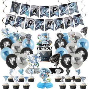 Tornado Birthday Party Decorations - Tornado Party Supplies including Happy Birthday Banner, Spirals, Cake Toppers, Table Centerpieces, Balloons, Tablecloth (LQ)