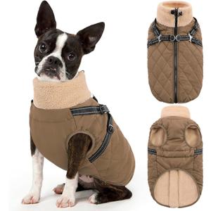 Queenmore Dog Jackets for Large Dogs, Dog Coat with Harness Built-in, Thick Fleece Lining Waterproof Jacket for Large Breeds, Back Zipper Pet Winter Jacket for Retriever, Labrador, Brown XL