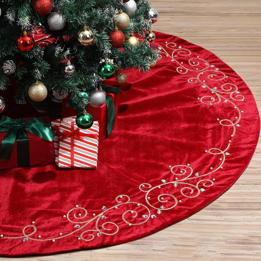 72inch Extra Large Christmas Tree Skirt Red Luxury Velvet Plush Fur Skirts Baroque Tree Skirts with Gold Embroidered Pearls and Crystals Trees Skirt for Christmas Holiday Party Home Decorations