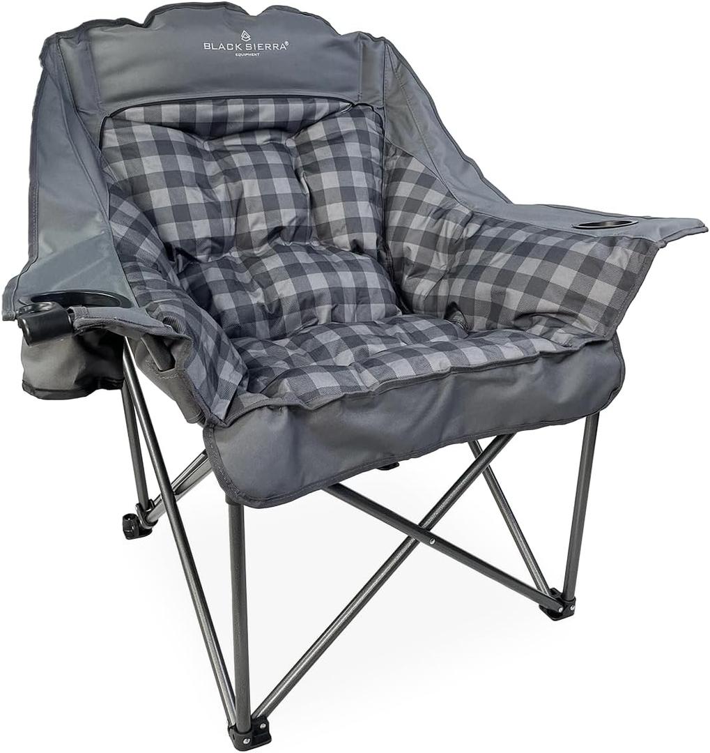 Black Sierra Oversized Camping Chair for Adults, Heavy Duty Outdoor Seat with Plush Padding, Supports 400lbs, Cup Holder & Carry Bag, Comfortable Folding Chair for Tailgating, Patio, & Sideline Events