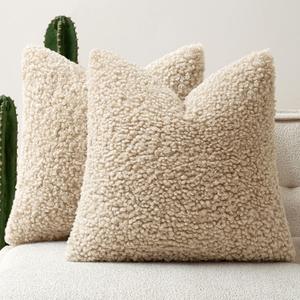 Faux Fur Throw Pillow Covers 20x20 Inch Set of 2 Boucle Neutral Decorative Sherpa Fuzzy Accent Soft Sheepskin Fleece Cushions Modern Home Decor for Couch Sofa Bedroom Living Room,Oatmeal