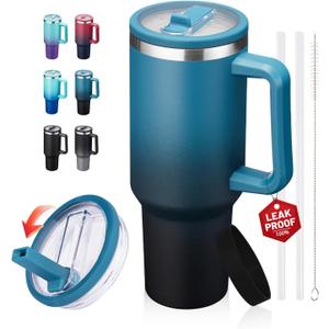 40 oz Leak-Proof Travel Tumbler with Handle & Flip Straw - Insulated Stainless Steel Mug Keeps Drinks Cold 34 Hours & Hot 10 Hours, Water Bottle Fits Car Cup Holder for All-Day Hydration at Work, Gym Indigo Black, 40 Ounces