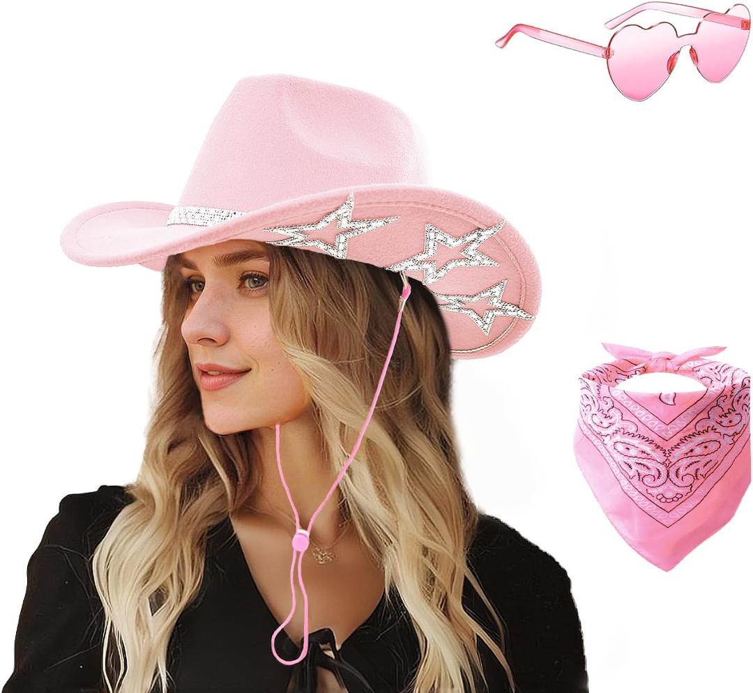 SHENYI Cowgirl Hat and Bandana and Heart Sunglasses Glitter Rhinestone Star Cowboy Hat Western Sparkly Hats for Women Men, One Size-Medium