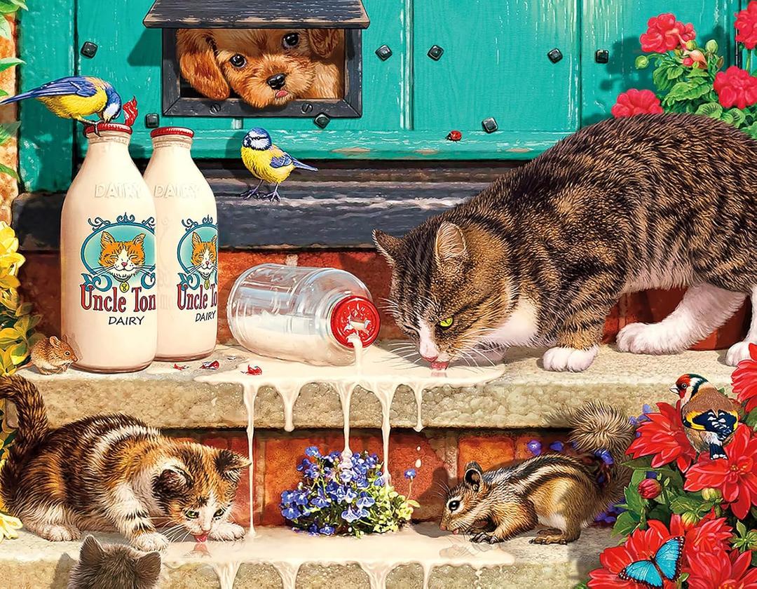 100 Piece Puzzles for Kids Cat 100 Piece Puzzles for Adults, Cute Kitten 100 Pieces Puzzle for Kids Ages 4-8, Doorstep Raiders Puzzle for Seniors Teens Brain Teaser (Cats Drinking Milk)