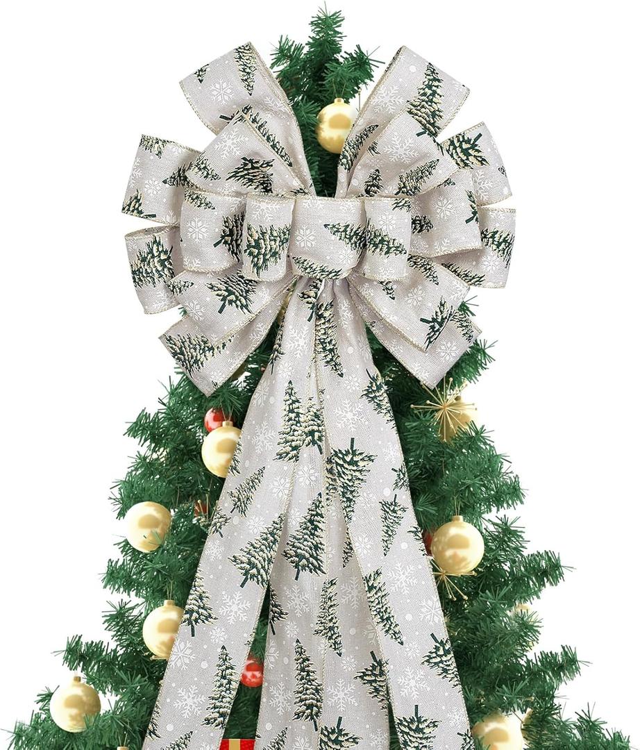 RUSPEPA 1pcs Large Christmas Tree Topper Bow, Beige Gol Snowflakes and Pine Tree Design, Holiday Decoration Gift Bow for Chrismas Tree, Wreaths, Gift Boxes, Party Events, Indoor/Outdoor Use, 13" x 52"