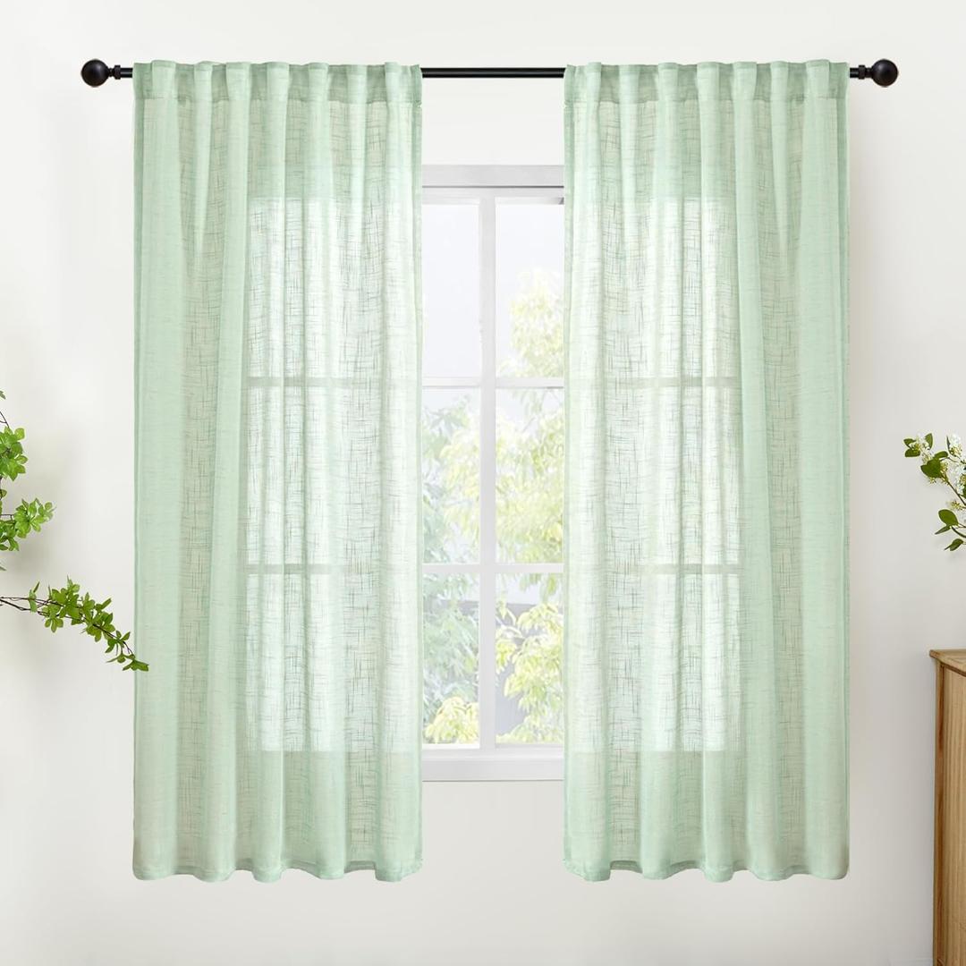 YoungsTex Sage Green Linen Curtains 63 Inch Length for Living Room Window, Rustic Semi Sheer Drapes Textured Light Filtering with Rod Pocket Back Tab for Bedroom, 2 Panels, 42 X 63 Inch