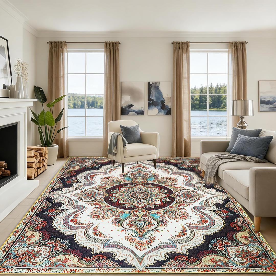 8x10FT Washable Area Rug for Living Room, Vintage Boho Floral Medallion Rug, Non-Slip Low Pile Indoor Carpet for Bedroom, Dining Room, Home OfficeBeige White