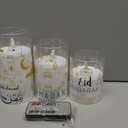 Huquary 3 Pcs Eid Mubarak Pillar Flameless Candles with Remote Ramadan Decorations Ramadan LED Flickering Candles Battery Operated Plastic Pillar Candlesticks for Eid Fit Gifts Home Decor, 3", 5", 6"