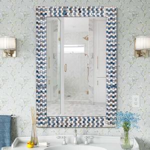 Chende Coastal Mirrors for Wall Decor, 36'' x 24'' Bathroom Vanity Mirror with Mosaic Frame, Elegant Blue White Mother of Pearl Mirror for Living Room, Dining Room, Fireplace, Entryway