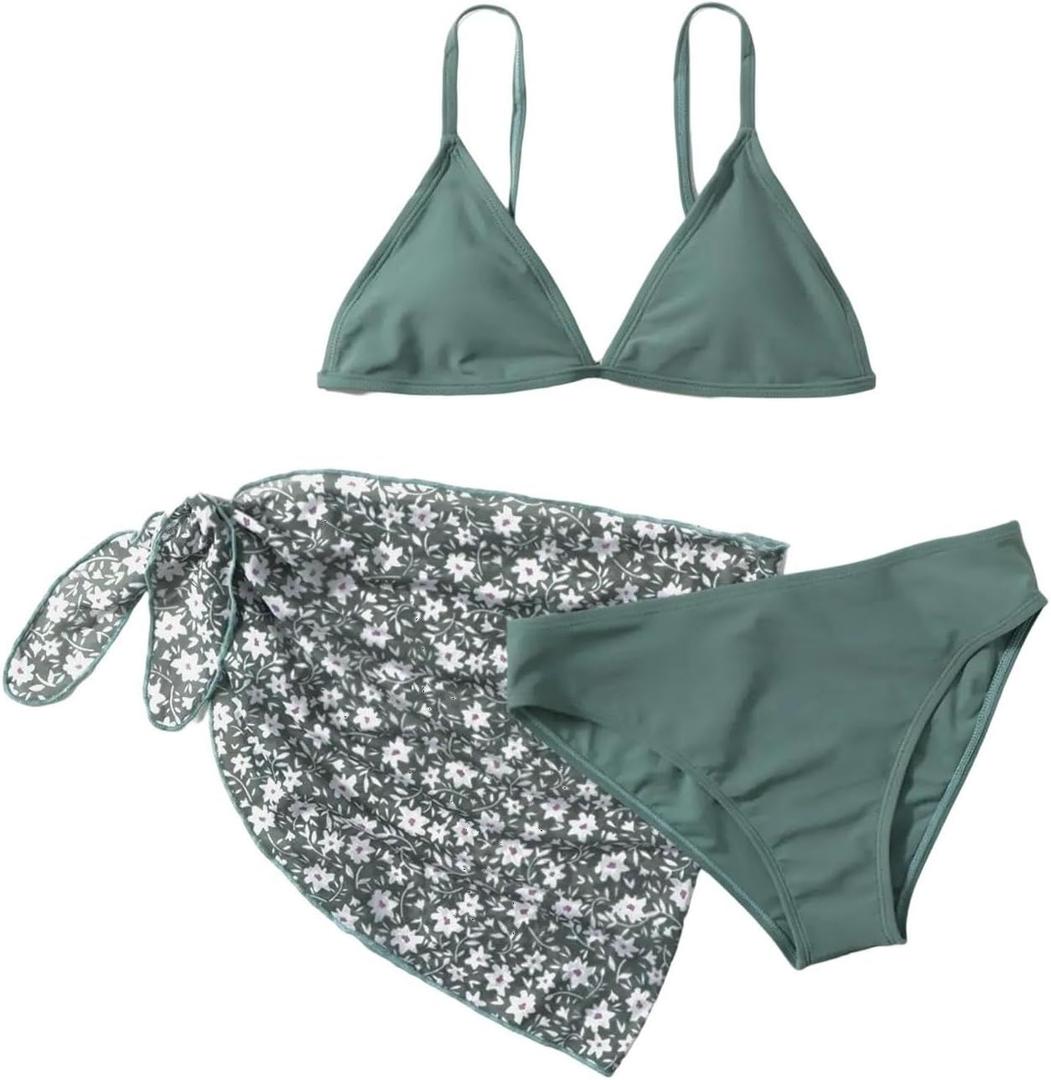 SHENHE Girl's 3 Piece Swimsuit Cute Spaghetti Strap Triangle Bikini with Ditsy Floral Print Cover Up Kid Bathing Suit (Green)