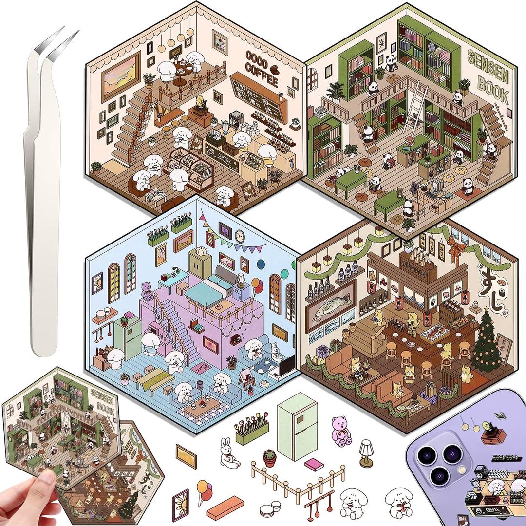 8 x DIY 3D House Stickers, 4 Set Fun DIY Stickers Scene Make Your Own Warm Home, Supermarket, Coffee Shop, Music Bar, Cute 3D Cartoon Scene Sticker for Adult Kids Relief Stress Pass The Time (SY1.0), 20*15*1cm