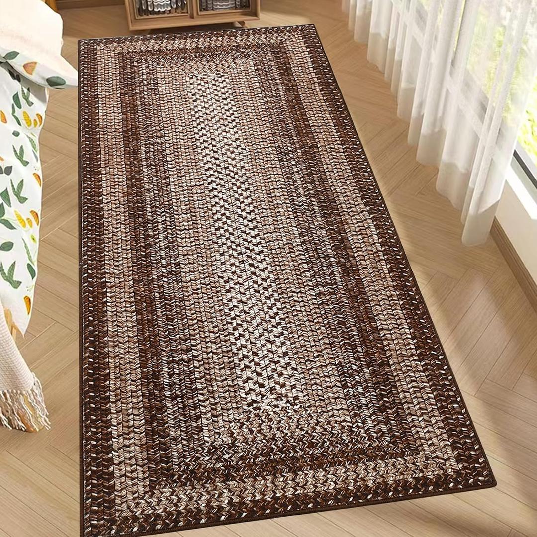 RUGSREAL 2x6 Boho Runner Rug Braided Print Hallway Area Rug Machine Washable Throw Floor Cover Non Slip Moroccan Runner Carpet for Kitchen Farmhouse Rustic Carpet for Living Room Bedroom, Brown