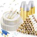 350PCS Gold Plastic Plates for 50 Guests, Disposable Dinnerware Sets Include 100 Gold Rim Plastic Plates, 50 Silverwares, 50 Cups, and 50 Pre Rolled Napkins for Party, Wedding, Graduation