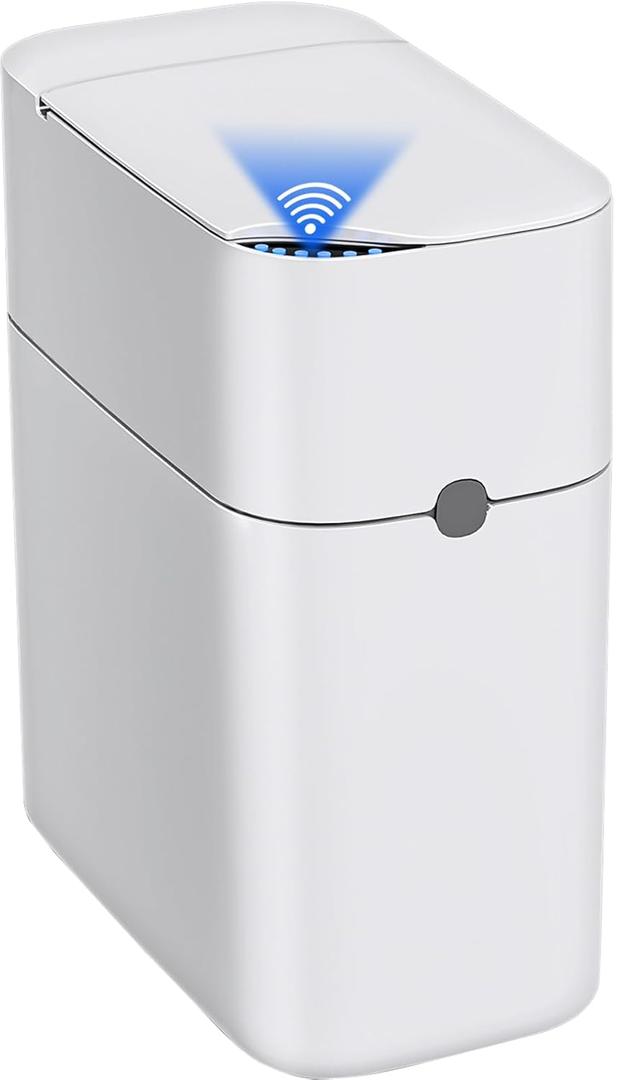 CTIME Touchless Automatic Bathroom Trash Can with Lid - 3 Gallon Slim Motion Sensor Garbage Can for Bedroom, Kitchen, Office - White (6" W x 11" L x 13" H)