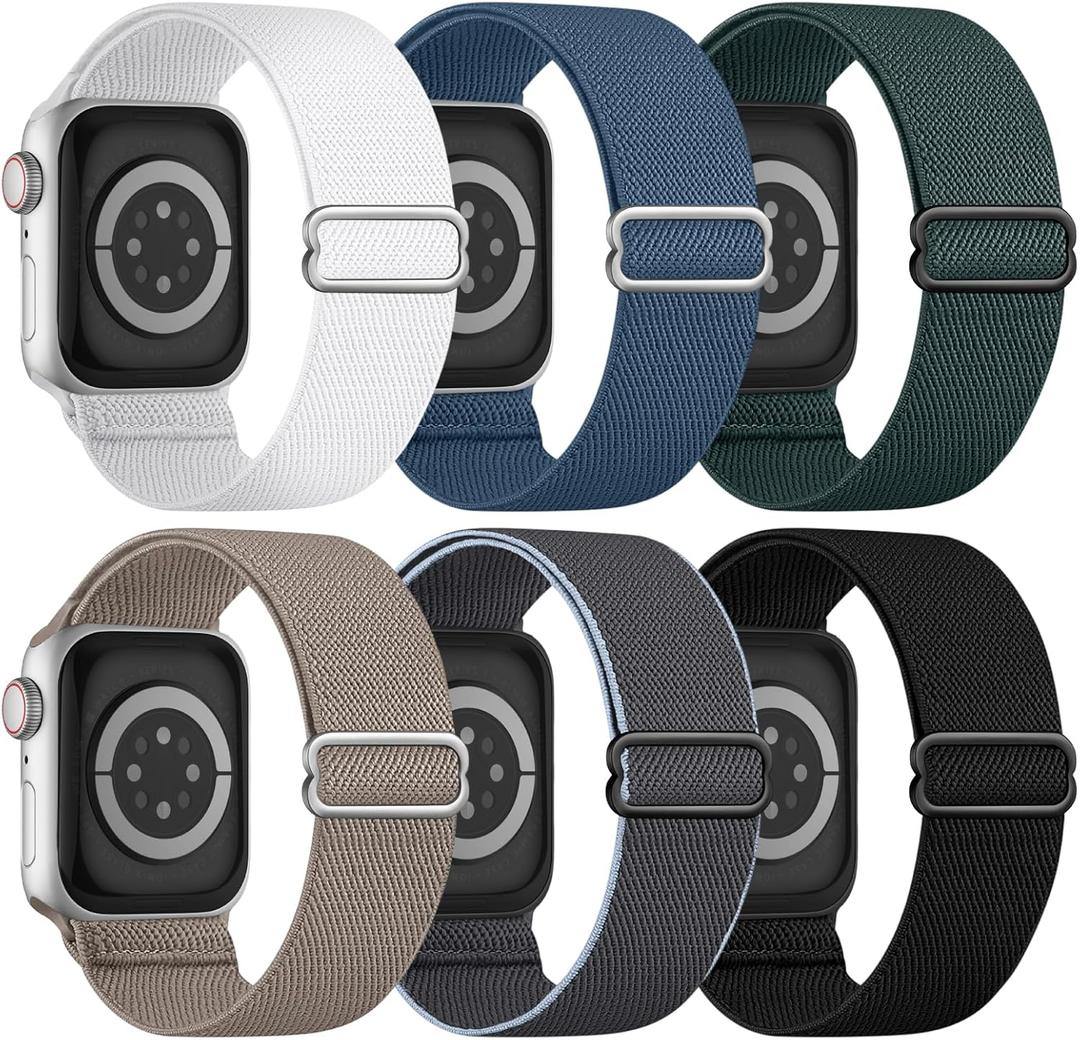 6 Pack Stretchy Solo Loop Compatible with Apple Watch Band 45mm 46mm 44mm 42mm 49mm 41mm 40mm 38mm Men Women, Braided Elastic Nylon Strap for iWatch Series 10 9 8 7 6 5 4 3 SE SE 2 Ultra Ultra 2 (Black/DarkGrey/White/Blue/DarkGreen/Stone)